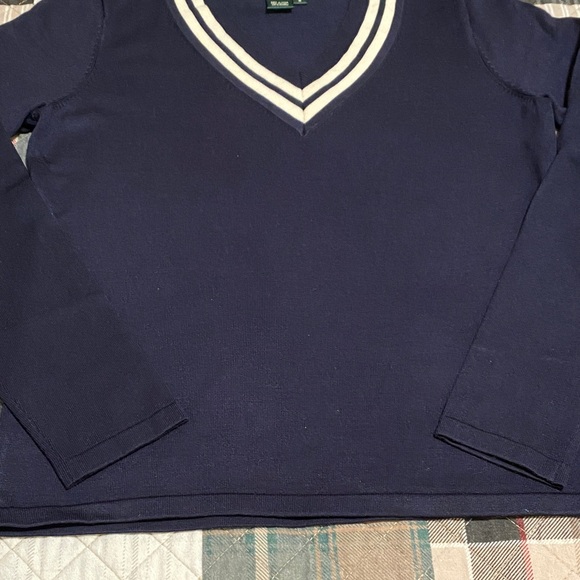 Vintage Lauren Ralph Lauren V-Neck Navy White Long Sleeve Women’s Sweater Silk S - Picture 4 of 8